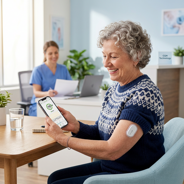 Senior person using a CGM device for diabetes management